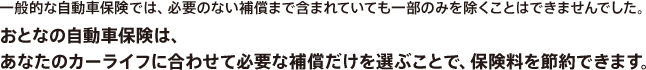 一般的な自動車保険では、必要のない補償まで含まれていても一部のみを除くことはできませんでした。おとなの自動車保険は、あなたのカーライフに合わせて必要な補償だけを選ぶことで、保険料を節約できます。