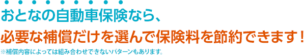 おとなの自動車保険なら、必要のない補償を外して保険料を節約できます！　※補償内容によっては組み合わせできないパターンもあります。