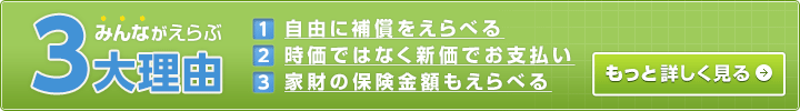 みんながえらぶ3大理由 1.自由に補償をえらべる 2.時価ではなく新価でお支払い 3.家財の保険金額もえらべる もっと詳しく見る