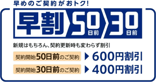 早めのご契約がおトク！早割50日前30日前　新規はもちろん、契約更新時も変わらず割引　契約開始50日前のご契約で600円割引　契約開始30日前のご契約で400円割引